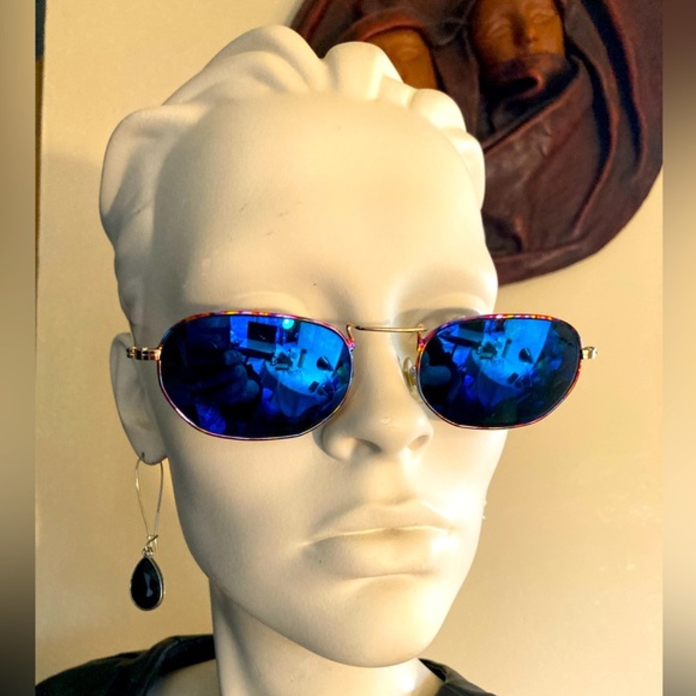 Vintage Cobalt Blue with Rainbow Metal Frame Tiny Sunglasses with Gold Tips
